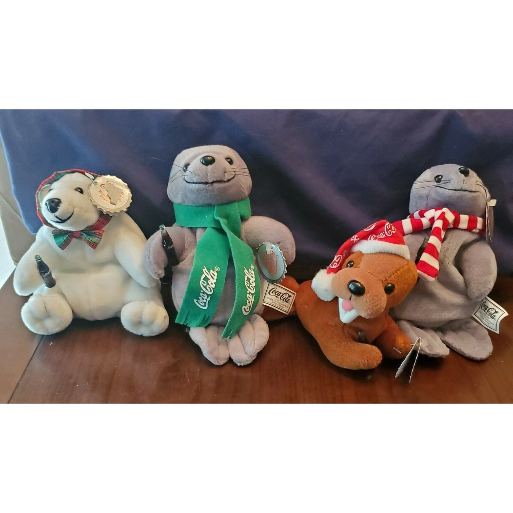 Lot of Four 1998 Plush Coca Cola Bean Bag Babies Bear Walruses with Tags